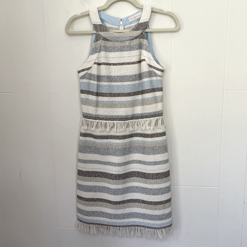 Tory Burch Sleeveless Tweed Dress Cream Grey Striped Fringe Trim ~ Size 2